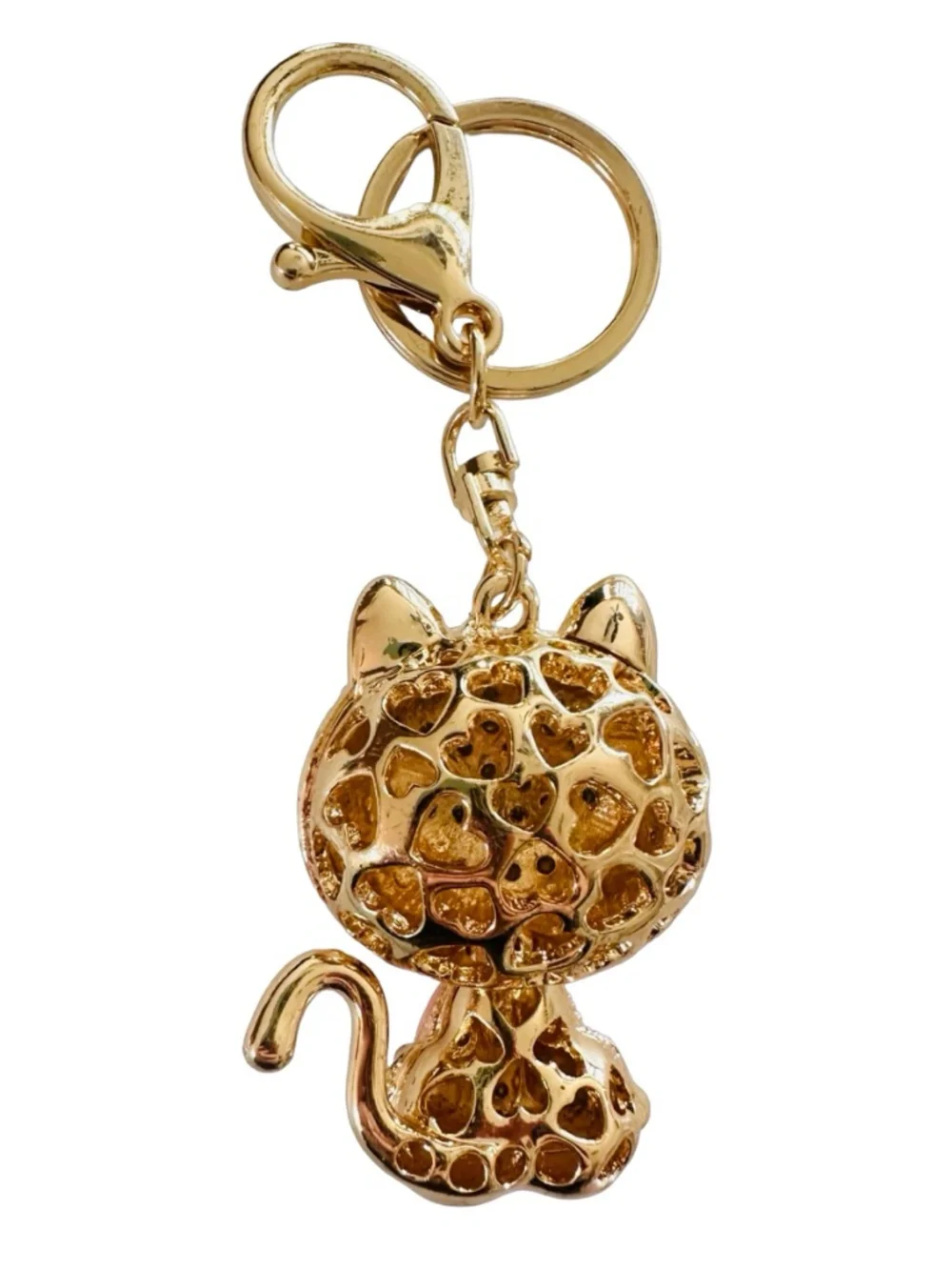 Gold-tone Pink Enameled Jeweled Cat Keychain Ring Handbag Charm 4.5” Luxury